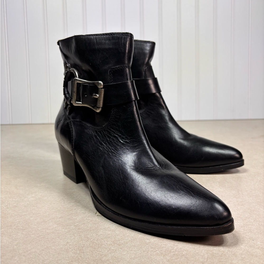Frye Black Leather Western Cowgirl style booties with buckle and ring accents
